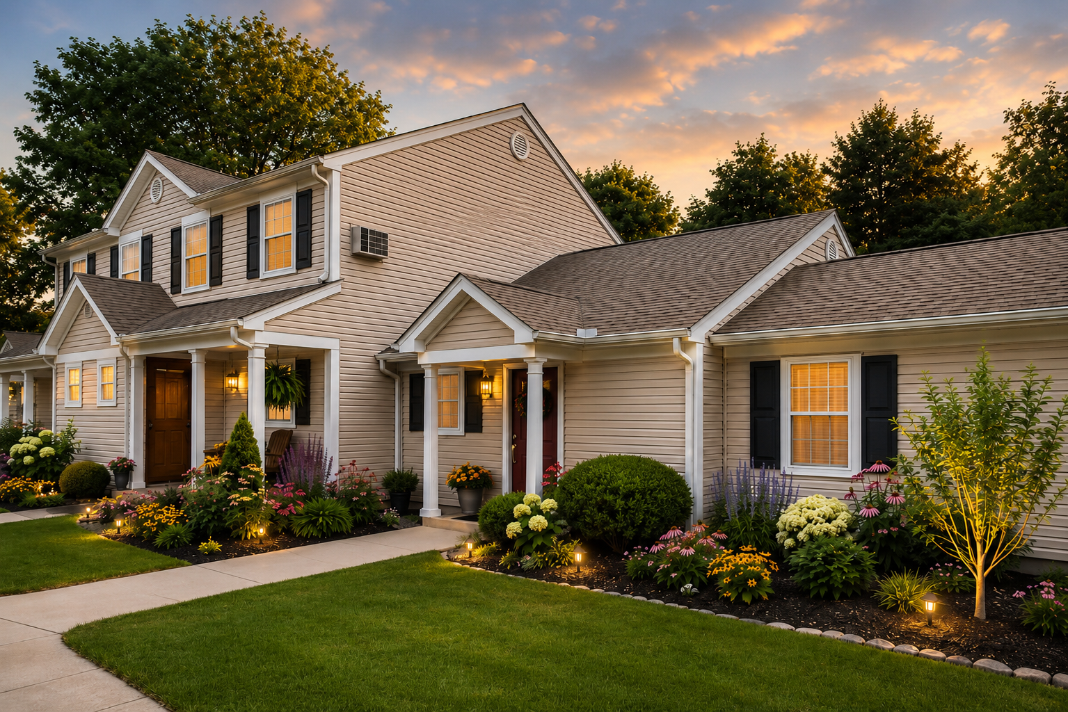 Foote Commons family homes in Cheshire, CT at dusk