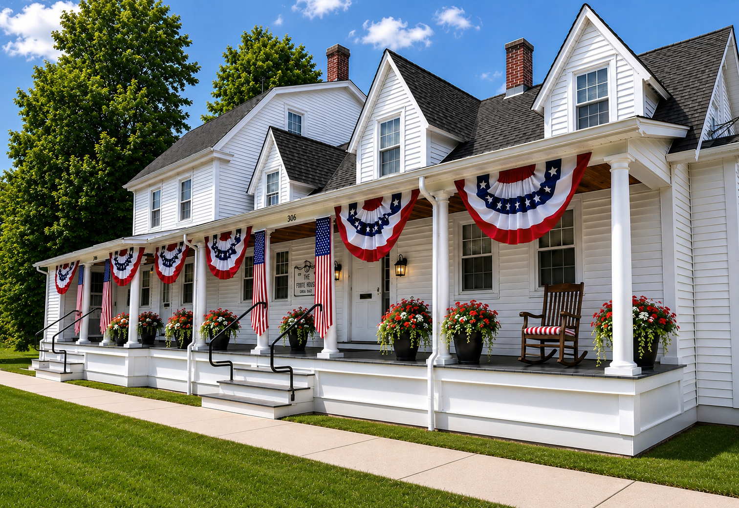 A historic Cheshire home decorated with patriotic bunting